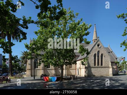 St John's Anglican Church 1882, early English Decorative style stone building, the south facade seen from Kings Square, Fremantle, Western Australia Stock Photo