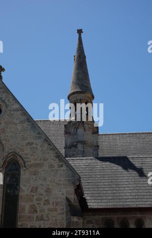 Ornate conical stone bell tower belfry with engaged paired columns & egg & dart cornice, St John's Anglican Church 1882, Fremantle, Western Australia Stock Photo