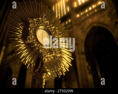 A monstrance containing the consecrated host, which is Our Lord Jesus Christ. Corpus Christi - 3D Illustration Stock Photo