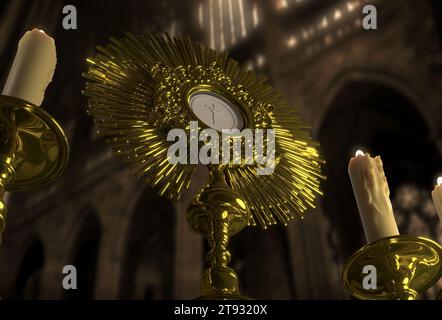 A monstrance containing the consecrated host, which is Our Lord Jesus Christ. Corpus Christi - 3D Illustration Stock Photo