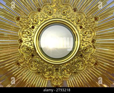 A monstrance containing the consecrated host, which is Our Lord Jesus Christ. Corpus Christi - 3D Illustration Stock Photo