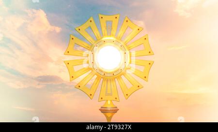 A monstrance containing the consecrated host, which is Our Lord Jesus Christ. Corpus Christi - 3D Illustration Stock Photo