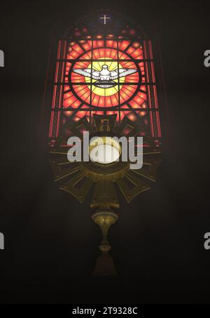 A monstrance containing the consecrated host, which is Our Lord Jesus Christ. Corpus Christi - 3D Illustration Stock Photo