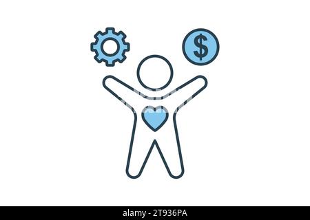 wellbeing icon. human with dollar, heart and gear. flat line icon style. simple vector design editable Stock Vector