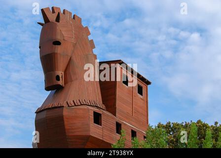 Trojan horse. Made of wood, tourist attraction in the ancient city of Troya, Hisarlik in Turkey. Stock Photo