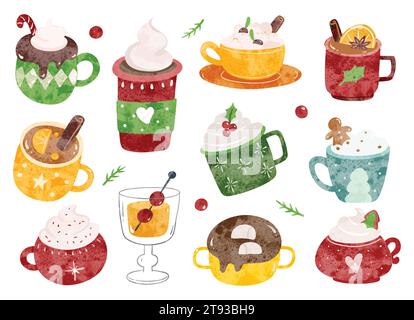 Set of Hand Drawn Christmas Beverages in Water Color Style Illustration Stock Vector