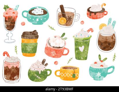 Set of Hand Drawn Christmas Beverages in Water Color Style Illustration Stock Vector