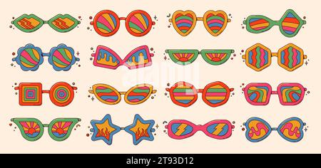 Groovy retro sunglasses set. Hippie eyewear. Stock Vector