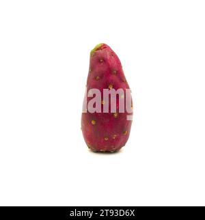 Close up photo of the interior of a prickly pear cactus fruit cut in half on a plate with seeds Stock Photo