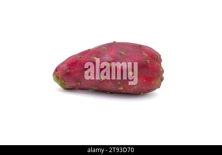 Close up photo of the interior of a prickly pear cactus fruit cut in half on a plate with seeds Stock Photo