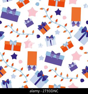 Holiday gift boxes and garlands. Flat vector seamless pattern. Hand drawn background for a party, Wrapping paper, festival, Party Decoration, Christma Stock Vector