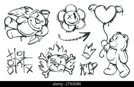 Black spray paint with teddy bears with angel wings and heart balloon, tic tac toe, crown, smiley face flower. Street art graffiti of bear characters and urban elements with ink drips in hand drawn. Stock Vector