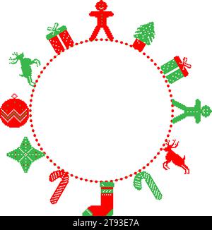 Christmas frame with decorative pixel art elements. Vector illustration Stock Vector