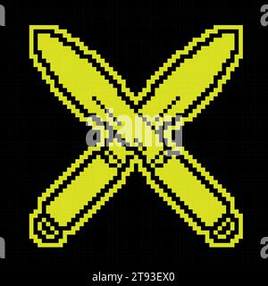 Pixel silhouette icon, sharp combat army knife. Cold weapon hunter and soldier. Simple black and yellow vector isolated Stock Vector