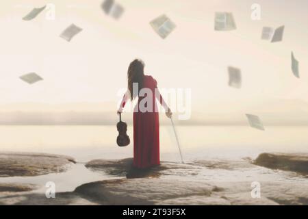 woman with violin in hand watches the surreal moment of sheet music dancing in the sky Stock Photo