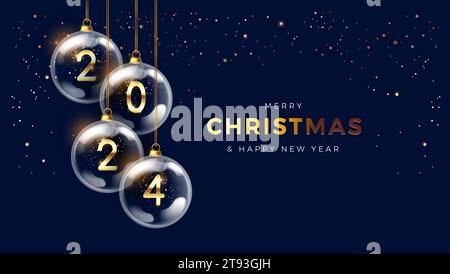 2024 Merry Christmas Happy New Year elegant gold and blue design. Golden 2024 numbers in glass Christmas balls hang on ribbon. Realistic 3d vector ill Stock Vector