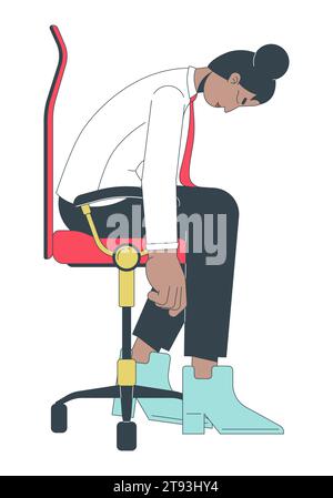 Black female employee falling asleep on office chair 2D linear cartoon character Stock Vector