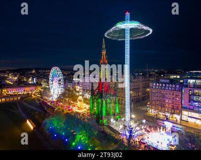 Aerial view at night of   Edinburgh with Christmas Market funfair in Princes Street Gardens, Edinburgh, Scotland, UK Stock Photo