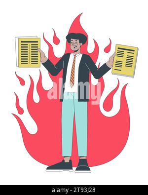 Busy workaholic hispanic man holding paperwork 2D linear cartoon character Stock Vector