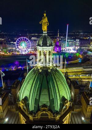 Aerial view at night of Edinburgh from former Bank of Scotland Headquarters now the Museum on the Mound in Edinburgh, Scotland, UK Stock Photo