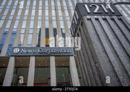 Marquee at the main entrance to the FOX News Headquarters at NewsCorp Building in Manhattan. (Photo by Erik McGregor/Sipa USA) Stock Photo