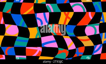 Colorful groovy liquid background. Abstract retro aesthetic 60s, 70s, 80s vector illustration. Checkered background with distorted squares. Hand drawn Stock Vector