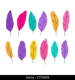 Bright hand-drawn feathers. Set of decorative elements for carnival, Mardi Gras, Brazilian festival. Flat Vector illustration isolated on a white back Stock Vector