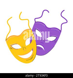 Comic and tragic mask icon. Masquerade, Theatrical masks. An element of a carnival costume. The symbol of Mardi Gras, the Brazilian carnival. Flat Vec Stock Vector