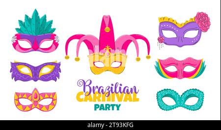 Set of carnival face masks for party decoration or masquerade. Masks with feathers, flower, rhinestones and patterns. Venetian mask. Flat Vector illus Stock Vector