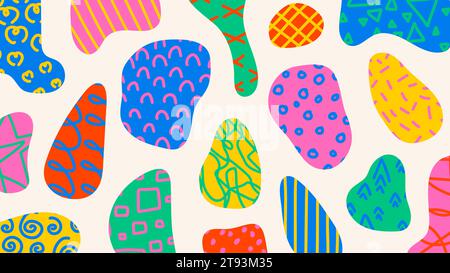 Colorful abstract design with geometric shapes, hand drawn doodles and scribbles. Trendy college in retro 70s-80s style. Multicolored vector Stock Vector
