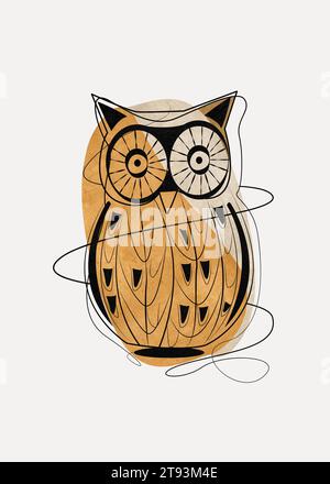 Artistic drawing of an horned owl with simple lines. Decorative artistic drawing wall painting and table printout. Stock Photo