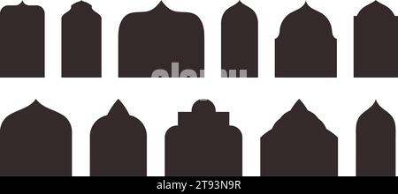 Modern Design of Islamic Doors, Windows and Arches. Mosque Dome and Lanterns. Perfect for Ramadan and Eid Mubarak Vector Silhouette Illustrations. Stock Vector