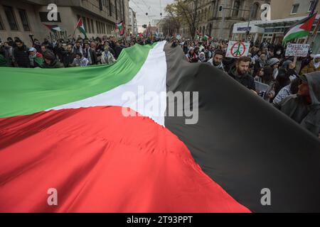 Berlin, Deutschland, DEU - Pro-palaestinensische Großdemonstration 18.11.2023, Berlin, Deutschland, DEU - Pro-palaestinensische Großdemonstration. Demonstranten tragen eine grosse palaestinessische Fahne. Palaestinenser sowie politische Gruppierungen demonstrieren fuer Frieden im Nahen Osten und einen sofortigen Waffenstillstand. Berlin Berlin Deutschland *** Berlin, Germany, DEU Pro Palestinian large-scale demonstration 18 11 2023, Berlin, Germany, DEU Pro Palestinian large-scale demonstration Demonstrators carry a large Palestinian flag Palestinians and political groups demonstrate for peace Stock Photo