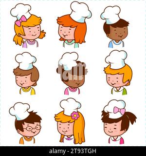 Diverse group of children chefs. Set of children avatars with cooking hats. Set of smiling faces of boys and girls with different hairstyles, skin col Stock Vector