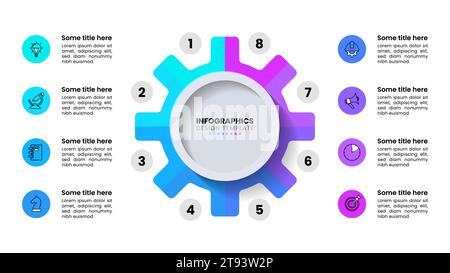 Infographic template with icons and 8 options or steps. Split gear. Can be used for workflow layout, diagram, banner, webdesign. Vector illustration Stock Vector