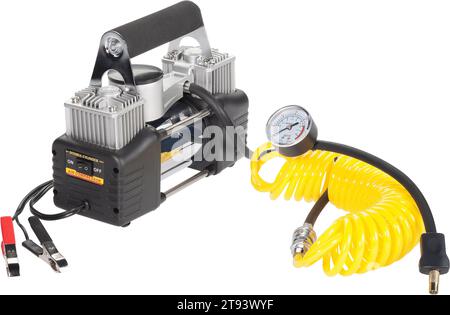 transportable 12 V car air compressor with tire pressure control, studio shot Stock Photo