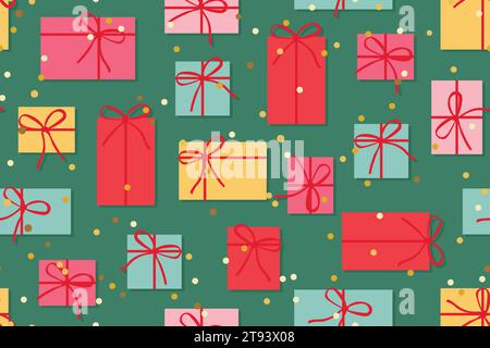 christmas seamless pattern with colorful gifts and golden confetti-  vector illustration Stock Vector