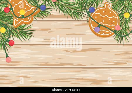 flat lay composition on wooden desk with gingerbread cookies, christmas lights; copy space; place for christmas greetings- vector illustration Stock Vector