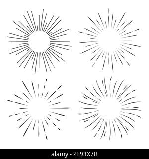 Set Fireworks, rays, sunburst frames circle border decoration, sparkle in doodle style, line sketch explosion isolated on white background. Vector illustration Stock Vector