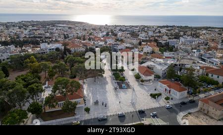 Aerial drone view of Kennedy Square and Paphos old town centre, Paphos, Republic of Cyprus. Stock Photo