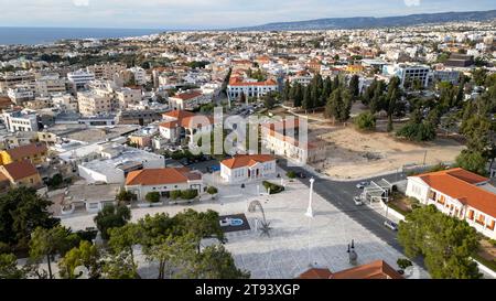 Aerial drone view of Kennedy Square and Paphos old town centre, Paphos, Republic of Cyprus. Stock Photo