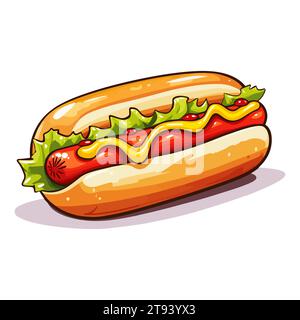 Hotdog with mustard and greenery. Cartoon style. Vector illustration Stock Vector