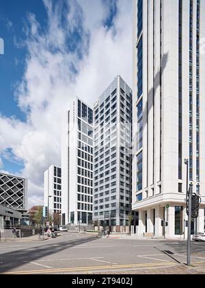 View towards modern student accommodations. Altus House, Leeds, United Kingdom. Architect: O'Connell East Architects, 2022. Stock Photo