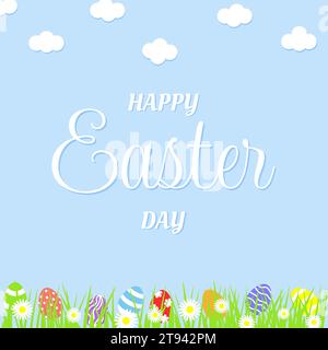 Vector illustration. Happy Easter design for greeting cards, posters, holiday covers. Blue background, clouds, grass, daisies Easter eggs Stock Vector