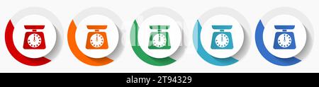 Kitchen scale, weight vector icon set, flat design colorful round icons in 5 color options for webdesign and mobile applications Stock Vector