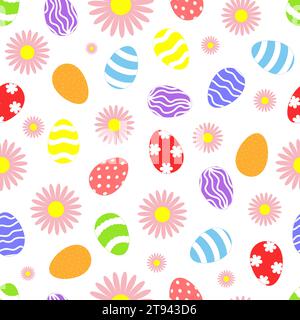 Vector seamless pattern with Easter eggs and pink flowers. Happy easter day Stock Vector