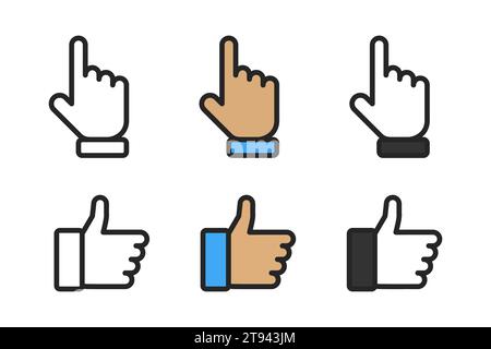 Like and dislike vector icons, isolated. Like or Thumb up and down with pointing finger in linear design. Vector illustration Stock Vector