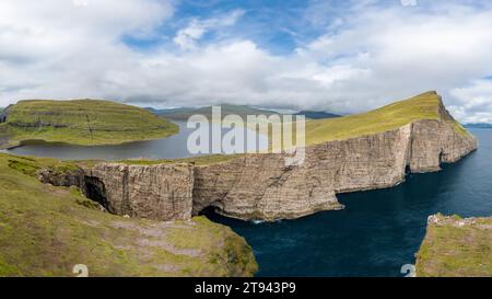 A helicopter view of 'Sørvágsvatn' which is the largest lake in the Faroe Islands. It is situated on the island of Vágar Stock Photo