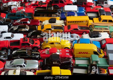 Closeup to a collectionable toy cars at flea market store Stock Photo