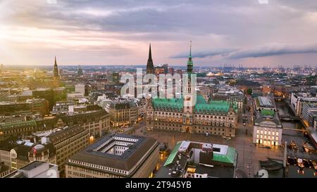 Aerial view over the Hamburg at sunset. drone flying over Alster Stock Photo